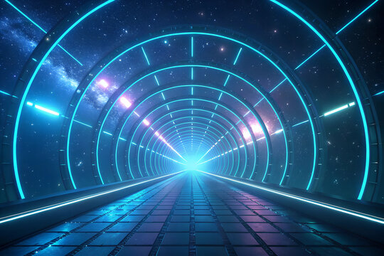 Abstract flight in retro neon hyper warp space in the tunnel 3d illustration. Abstract blue background with neon rays, flashes of light, faces, and lines. Cosmic abstract background of the substrate.