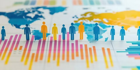 A representation of people statistics, with charts showing age, gender, and regional trends.