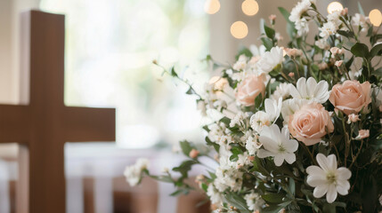 Easter Sunday Service with Flower Decorated Cross