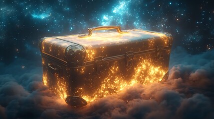 Magical suitcase floating midair with luminous stars around