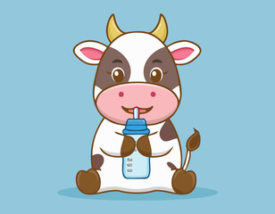 Fototapeta premium A cute funny cow cartoon eating milk simple flat design vector.