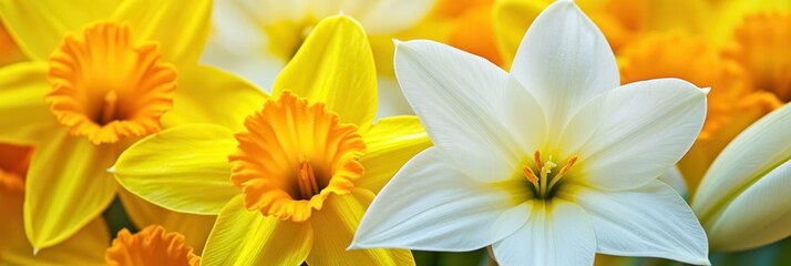 Fototapeta premium A vibrant arrangement of yellow and white flowers in a clear vase, complemented by a fresh green stem, enhancing any space with a touch of nature.