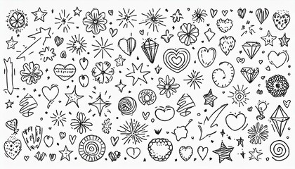 Fototapeta premium Cute line icon sketch element. Hand drawn line sketch text decoration star sparkle, arrow, heart element set. Simple drawn sun sparkle, flower, emphasis symbol background. perfect any project.