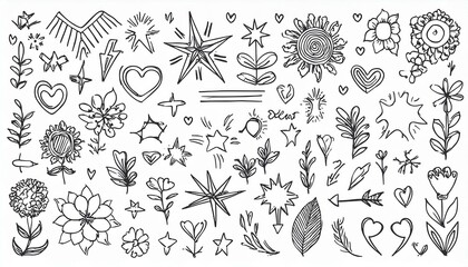Cute line icon sketch element. Hand drawn line sketch text decoration star sparkle, arrow, heart element set. Simple drawn sun sparkle, flower, emphasis symbol background. perfect any project.