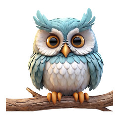 Fototapeta premium Cute blue owl sitting on a branch with big eyes