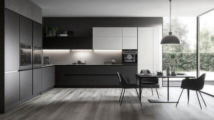 Fototapeta premium Modern Dark Kitchen Design with Dining Area and Garden View