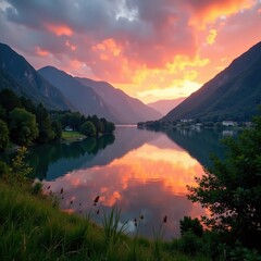 Sunset over Tegernsee lake with surrounding mountains and trees, sunsets, peaceful