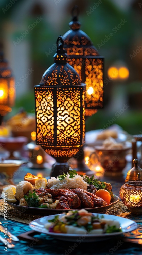Poster a beautiful holiday table is set for eid al-fitr, featuring an array of traditional dishes. colorful