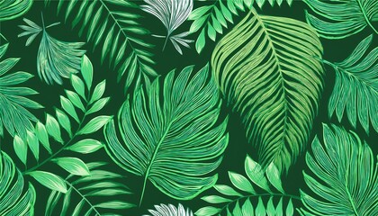 Tropical leaf seamless pattern background. Hand drawn crayon brush abstract green tropic leaves seamless pattern. Floral abstract hand drawn print background. perfect any project.