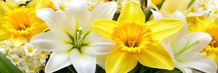 Fototapeta premium A vibrant arrangement of white and yellow flowers elegantly displayed in a decorative vase, showcasing their natural beauty and freshness.