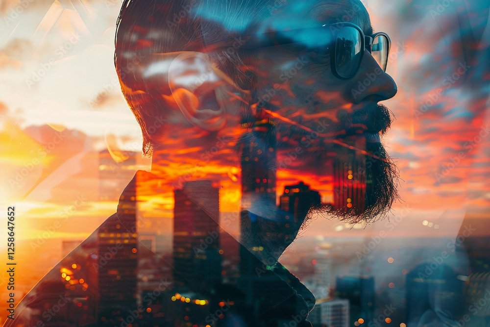 Poster side view portrait illustrating future architecture technology generative ai