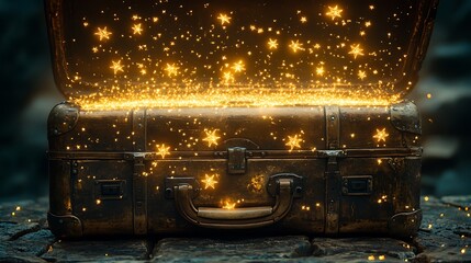 Aged luggage with golden sparkling stars gently floating out