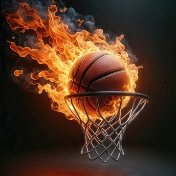 A basketball engulfed in flames is captured mid-air as it nears the hoop, emphasizing dynamic motion and intensity