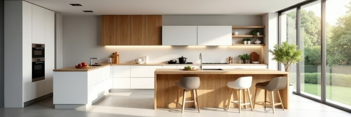 White corner kitchen, wooden island, sleek design, natural light, modern, airy