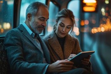 A mature couple sits on public transport at night, using a tablet to navigate or work.
