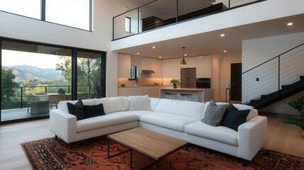 Highceiling modern twostory living room with warm lighting, cozy textures, and an open mezzanine