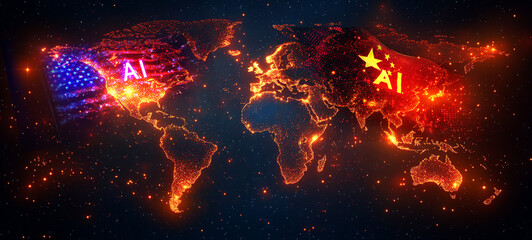 Ai tech war competition between USA and China is intensifying. This rivalry impacts global politics, cybersecurity, and economic power, shaping the future of AI leadership.Abstract background.