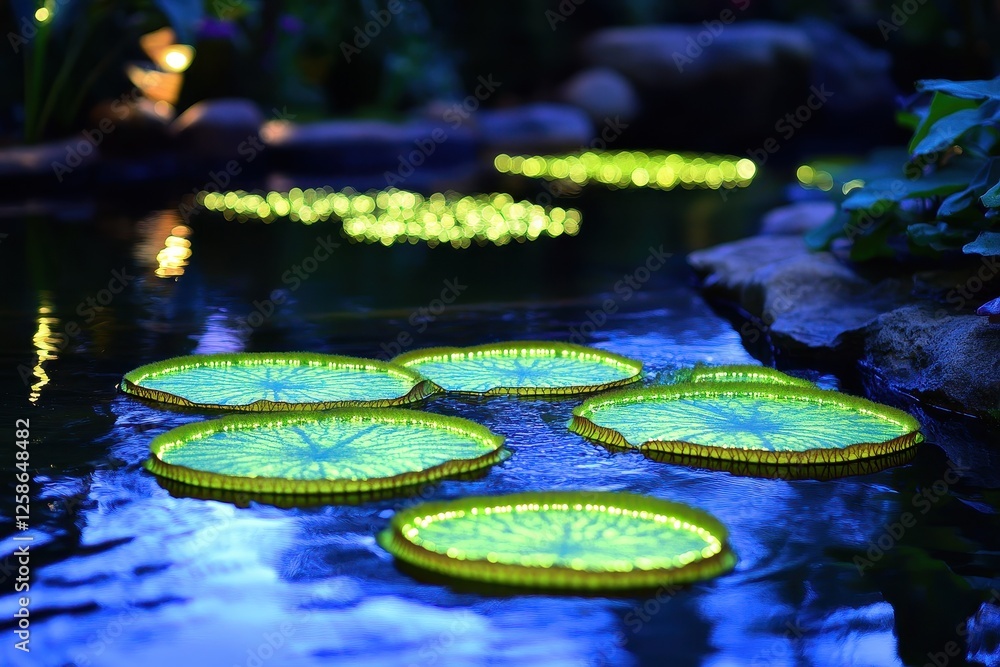 Poster illuminated lily pads float gently on a tranquil pond at night, creating a serene atmosphere
