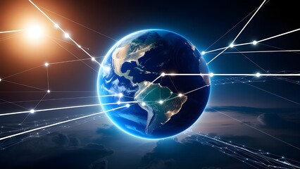 Night planet earth from space with light lines of communication and connection. Business and finance, concept. Global communications system and the World Wide Web. Technologies and communic