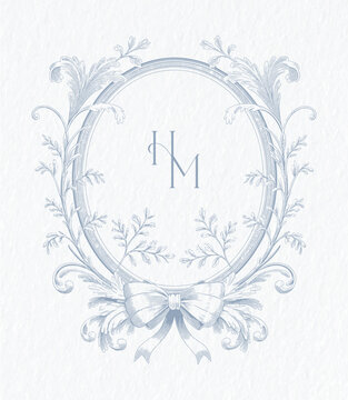 Vintage elegant wedding crest design. Hand drawn leaves frames with flowers monogram. HM initial wedding monogram crest.