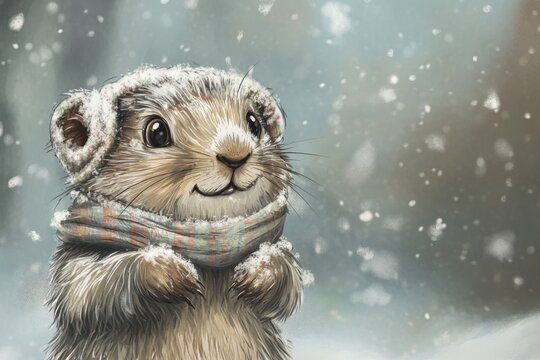 An adorable mouse in a cozy sweater and scarf, sitting in snowy weather, looking at the viewer with cheerful anticipation