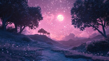 Enchanted Moonlight Landscape: A Dreamlike Night in a Purple Fantasy World