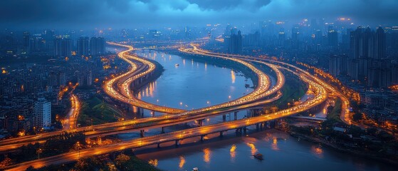 Nighttime Aerial View of a City with a River and Interconnected Highways