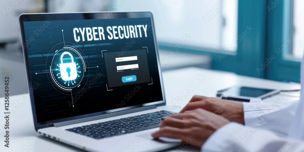 Poster cyber security system on computer screen protect private information brisk from hacker and cyber att