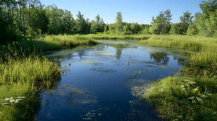 Natural Wetland Landscape with Lush Greenery and Calm Water