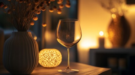 Elegant wine glass on table with warm ambient lighting in cozy setting
