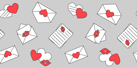 Mailing envelopes and sheets of paper with red hearts and kisses on a grey background. Valentine's day and wedding endless texture with love messages. Vector seamless pattern for wrapping paper, print