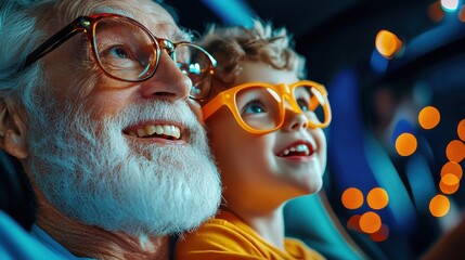 Joyful moments shared between grandparent and grandchild during a fun evening outing in a vibrant setting with colorful lights