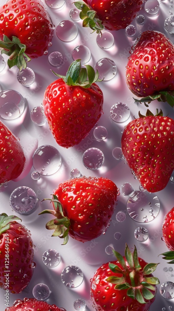 Poster fresh strawberries arranged on a light background with water droplets, creating a refreshing and vib