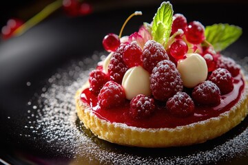Delicious raspberry tart with cream served on a black plate in a modern kitchen setting