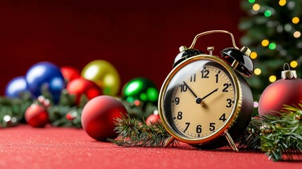 Vintage Alarm Clock with Christmas Ornaments and Decorated Tree