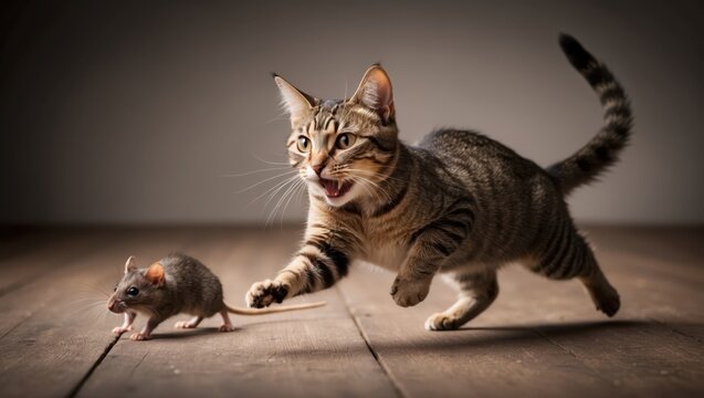 Tabby cat chasing mouse in playful interaction indoors