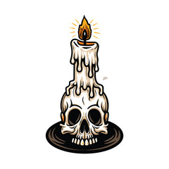 Create a detailed vector illustration of a melting candle dripping wax onto a human skull, emphasizing texture and shadow.