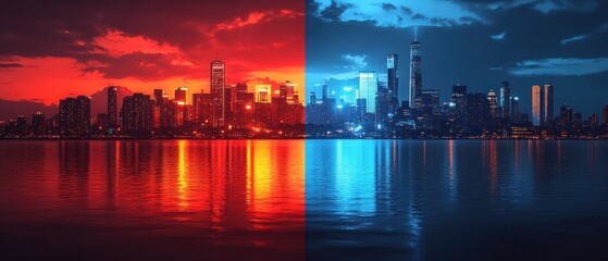 City Skyline Split by Red and Blue Skies with Water Reflection