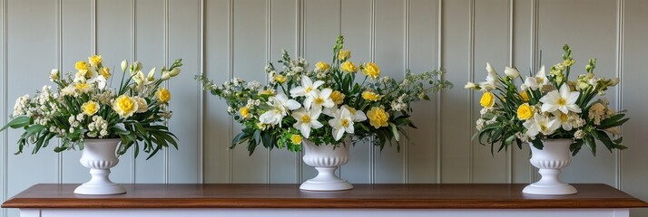 Three elegant vases filled with vibrant flowers are displayed on a table against a plain wall, creating a serene and colorful atmosphere.