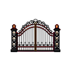 Design a detailed vector illustration of an ornate cemetery gate featuring a prominent skull engraving.  Include intricate metalwork details.