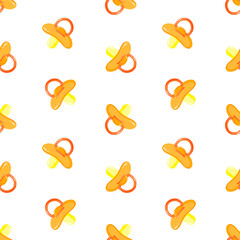 Orange pacifiers vector seamless pattern. Baby dummy. Background, print, packaging design, wrapping