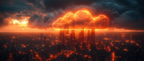 Glowing Cloud Above a Cityscape at Sunset