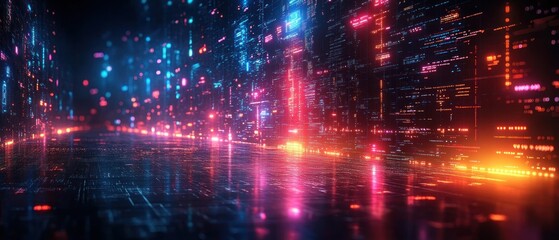 Fototapeta premium Digital Cityscape with Neon Lights and Reflected Glows