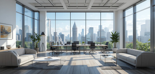 Fototapeta premium 3D Rendering, Modern office interior with contemporary furniture and large windows overlooking an urban landscape.