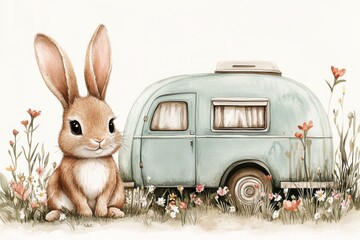 Cute rabbit sitting beside a vintage caravan surrounded by colorful flowers in a serene outdoor setting during springtime