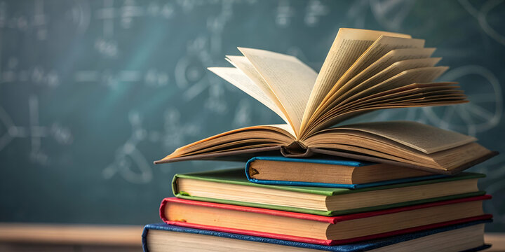 Stack Of Colorful Books On Green Chalkboard