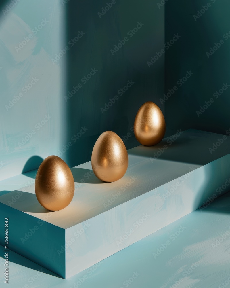 Poster three golden eggs positioned on a minimalist surface against a teal background, creating a modern ar