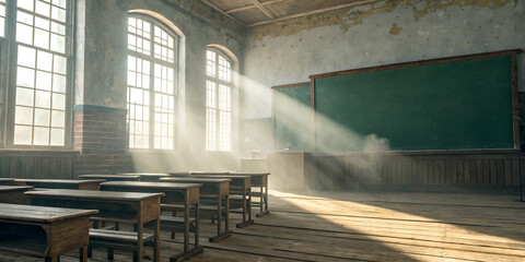 Fototapeta premium Abandoned Classroom Filled With Sunlight with Rays of Light and Shadows in the