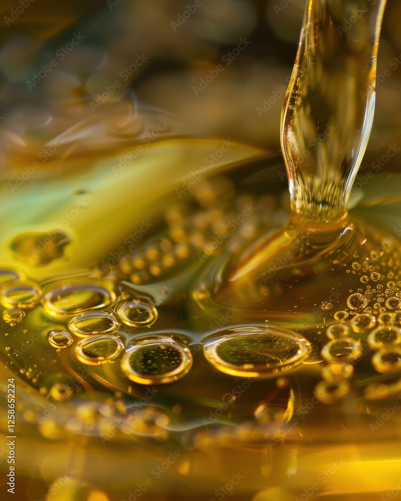 Poster golden liquid flows into a pool, capturing bubbles and reflections in a close-up view of oil in a se