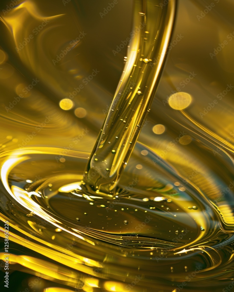 Poster golden liquid flows smoothly in a close-up capture, creating beautiful reflections and patterns amid